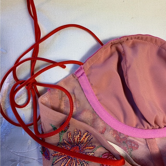 For Love & Lemons Floral Embroidered Corset Bra with Red Lace-Up - Picture 5 of 7